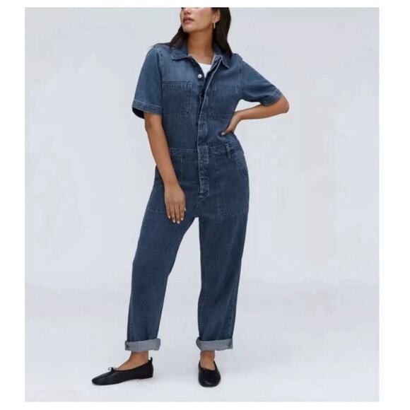 Everlane The Short Sleeve Denim Overall Button Up Blue Jumpsuit Organic Cotton 8 - Picture 1 of 16